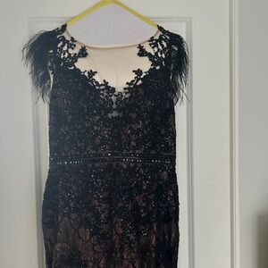 Mac Dougal Embellished Feather Cap Sleeve Illusion Neck Trumpet Gown